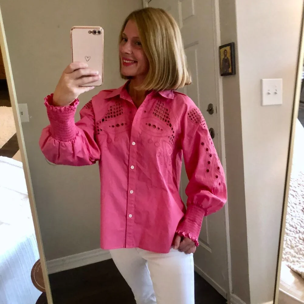 Elie Tahari Pink Eyelet Puff Sleeve Button-down blouse Org. $395 - Picture 1 of 10